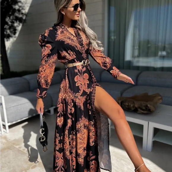 🌺 PAISLEY DRESS LONG SLEEVE MAXI BUTTON DOWN OPENS UP CHIC CLASSY RUFFLE AYBA - Picture 2 of 6